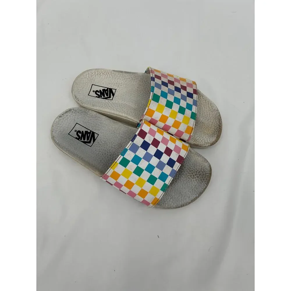 Vans Rainbow Checkered White Slides Sandals Play Condition 3.0 youth